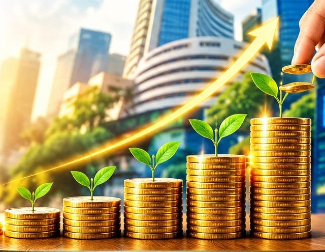 Stacks of gold coins with growing plants in front of the stock exchange building