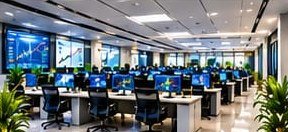 Trading and operations floor with rows of workstations and market screens