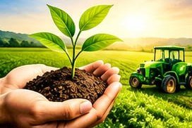Hands holding soil with a sapling and a tractor in a field