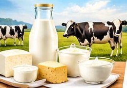Milk, cheese and dairy products with cows in a field