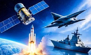 Satellite, rocket launch, fighter jet and naval ship
